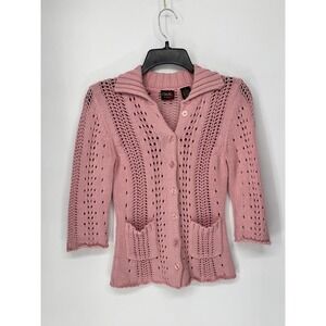 BKE Denim Cardigan Womens Medium Pink  Pointelle Knit 3/4 Sleeve Button Front